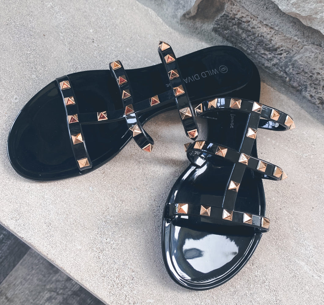 3 Strap Sandal | Black and Gold